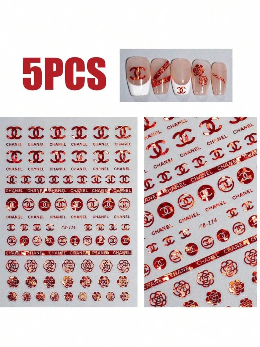 CHANEL Red Metallic Nail Art Sticker Sheets – 5PCS Luxury Logo Decals